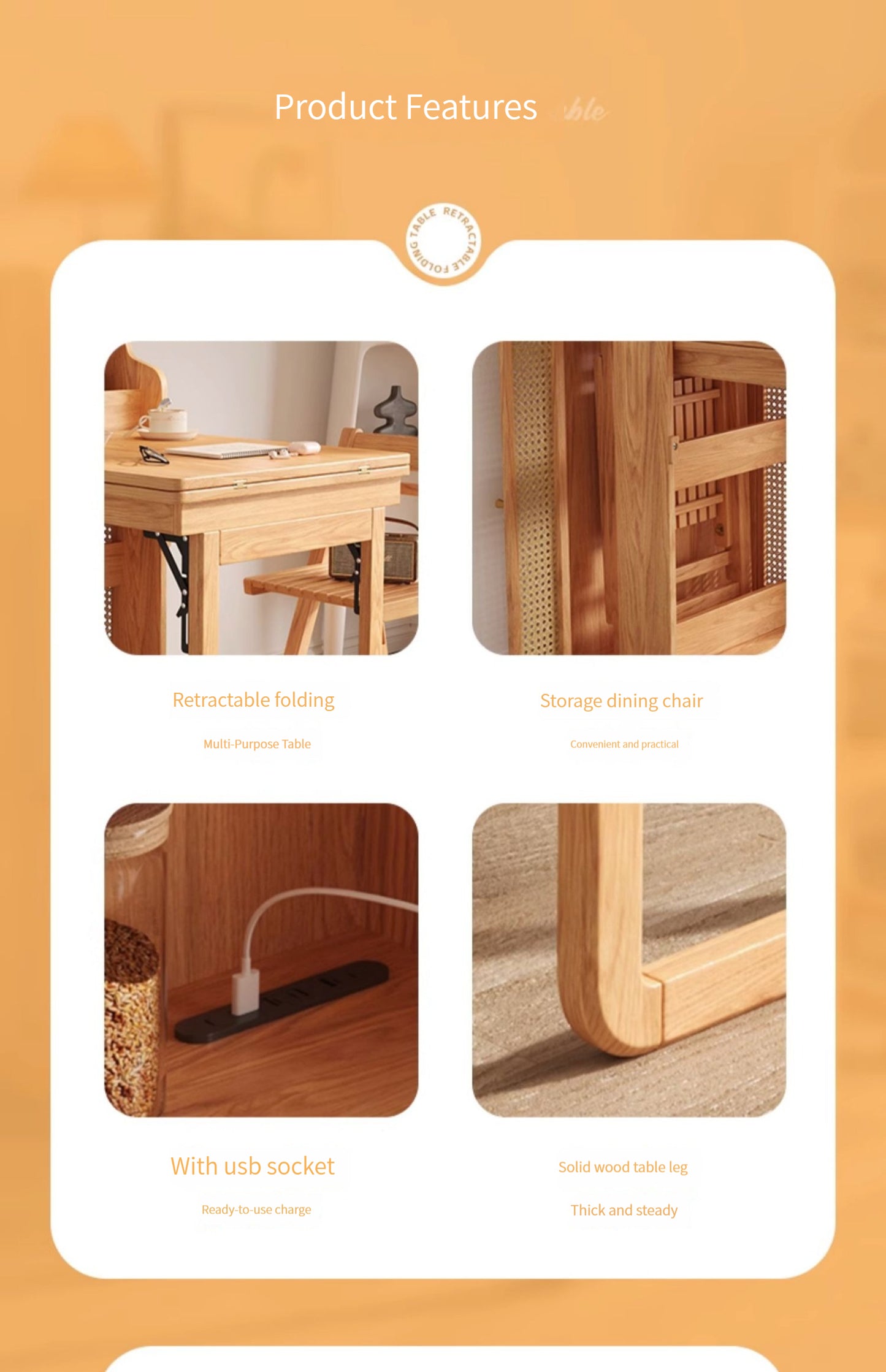 🌟Solid wood folding dining table, household small unit telescopic dining table, invisible storage, sideboard cabinet