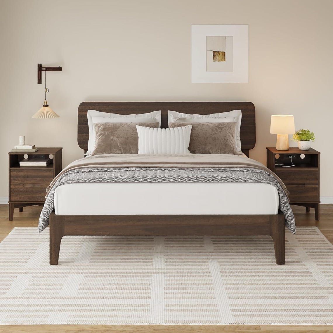 Mid-Century Dark Walnut Nightstands with Charging Station (USB-C/AC) for Modern Bedroom