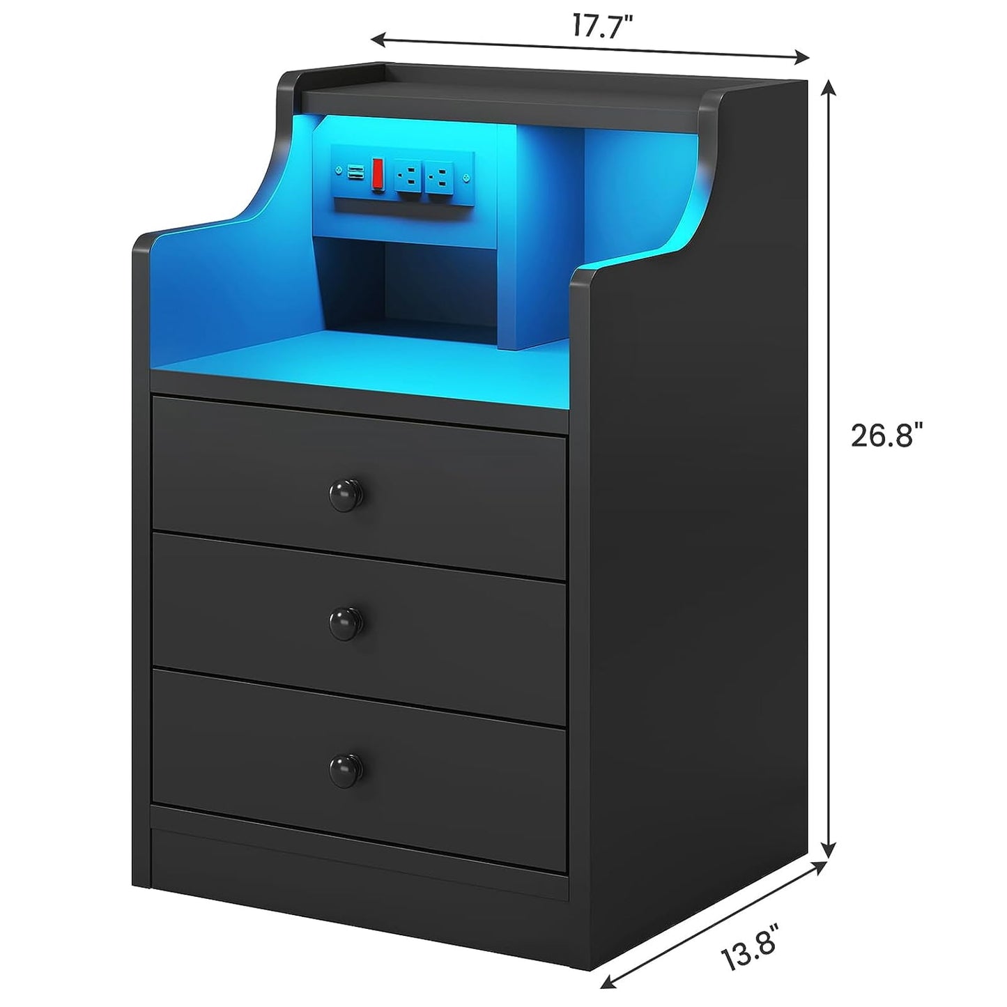 ✨3-Drawer LED Bedside Table with Wireless Charging Station & Hutch