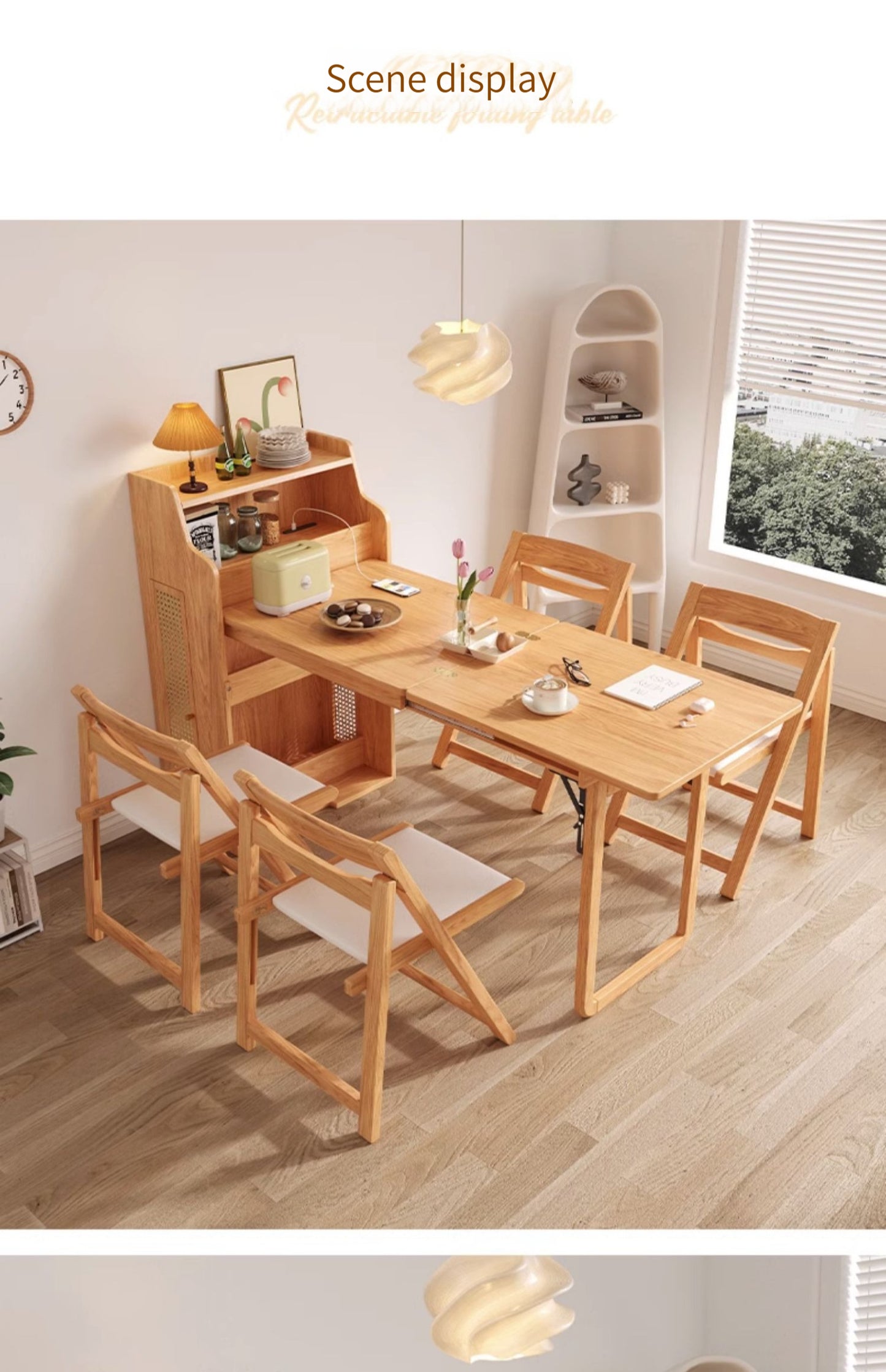 🌟Solid wood folding dining table, household small unit telescopic dining table, invisible storage, sideboard cabinet