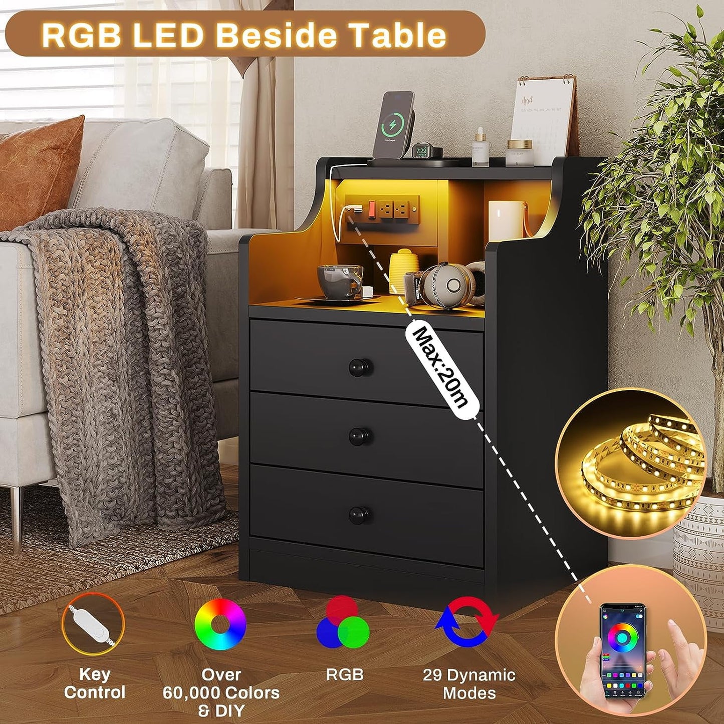 ✨3-Drawer LED Bedside Table with Wireless Charging Station & Hutch