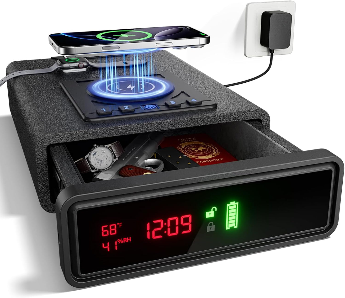 🔐Biometric Smart Safe with Wireless Charging & 24/7 Digital Display