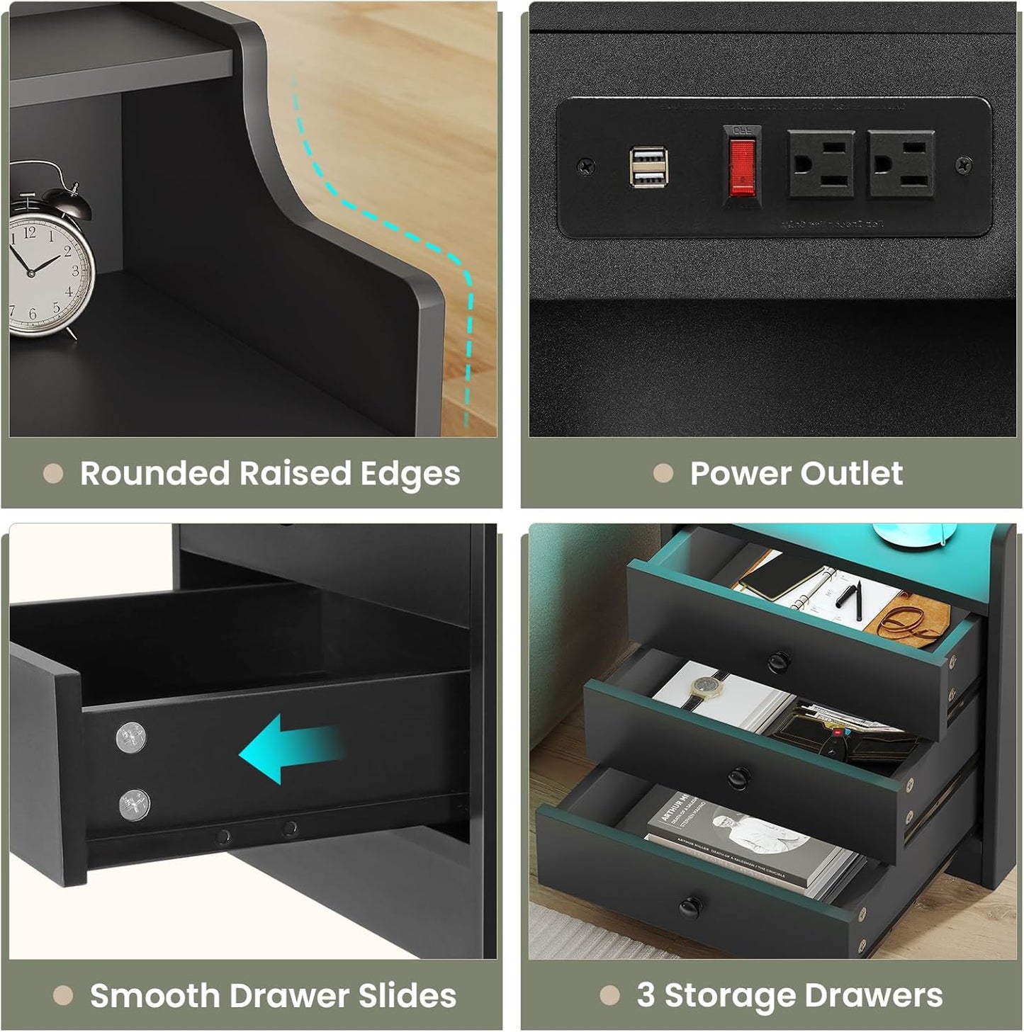 ✨3-Drawer LED Bedside Table with Wireless Charging Station & Hutch