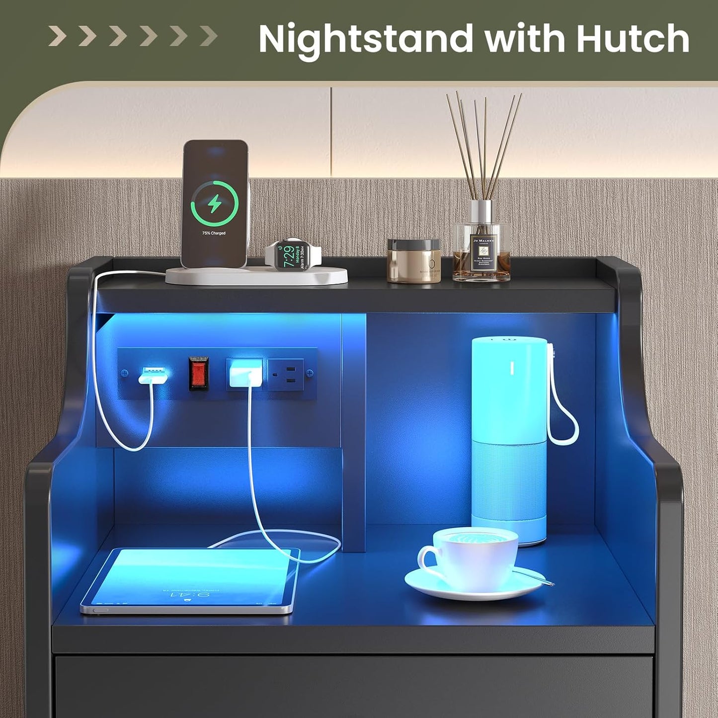 ✨3-Drawer LED Bedside Table with Wireless Charging Station & Hutch