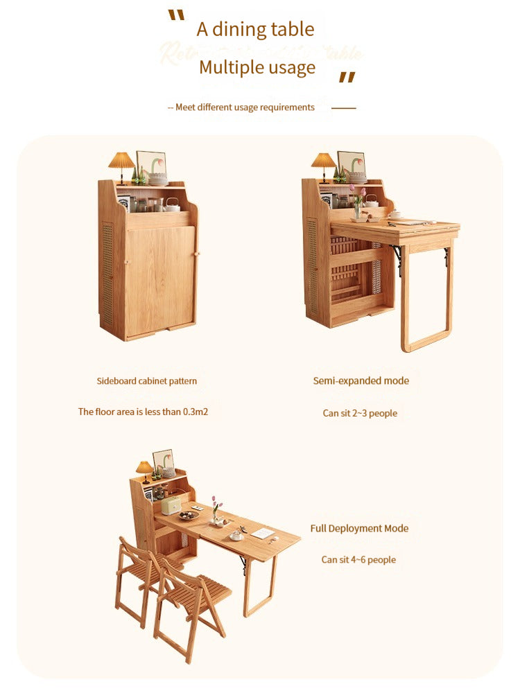 🌟Solid wood folding dining table, household small unit telescopic dining table, invisible storage, sideboard cabinet