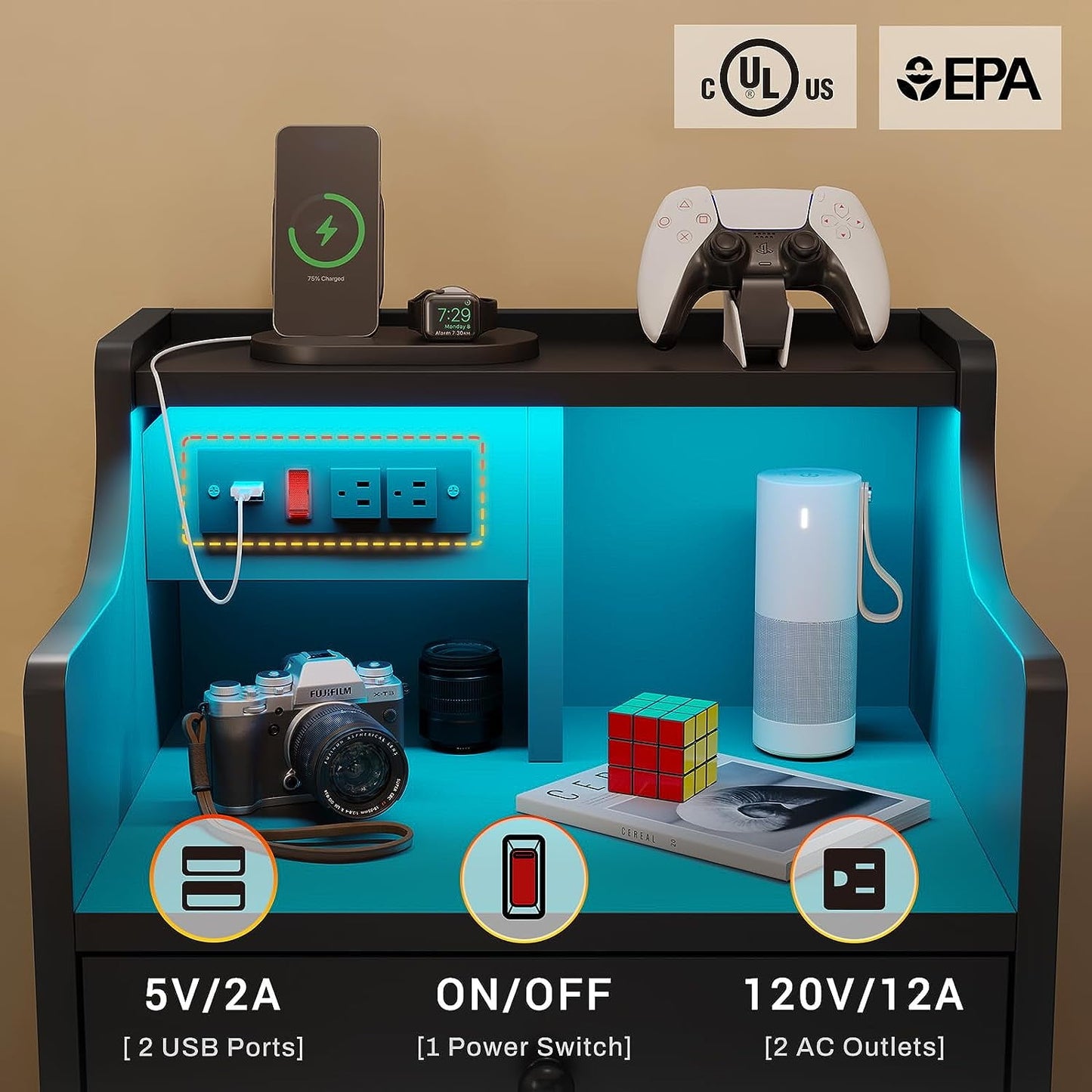 ✨3-Drawer LED Bedside Table with Wireless Charging Station & Hutch