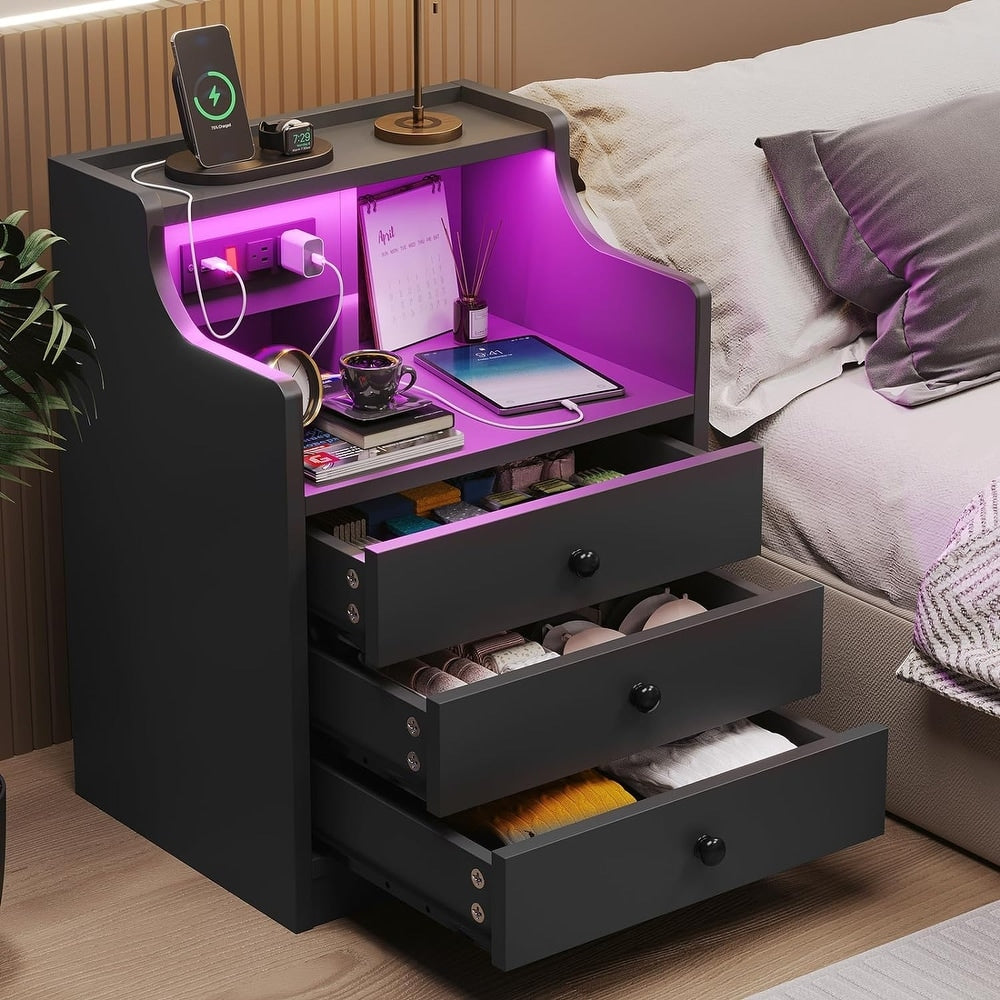 ✨3-Drawer LED Bedside Table with Wireless Charging Station & Hutch