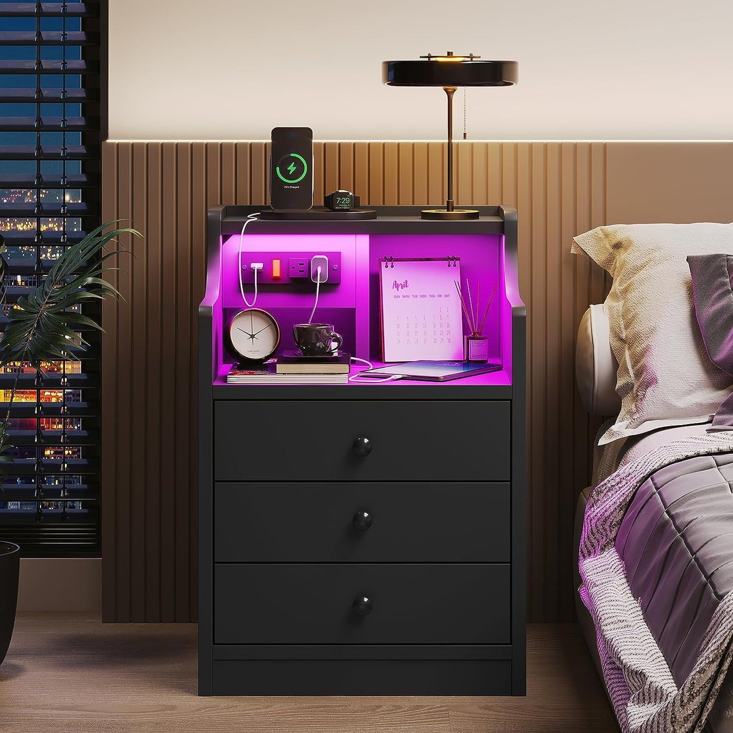 ✨3-Drawer LED Bedside Table with Wireless Charging Station & Hutch