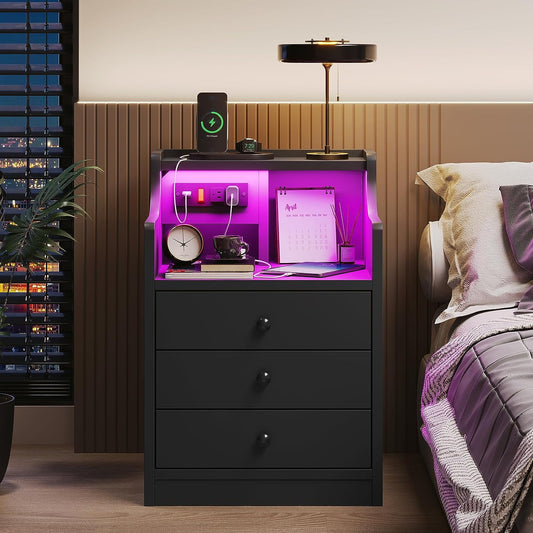 ✨3-Drawer LED Bedside Table with Wireless Charging Station & Hutch