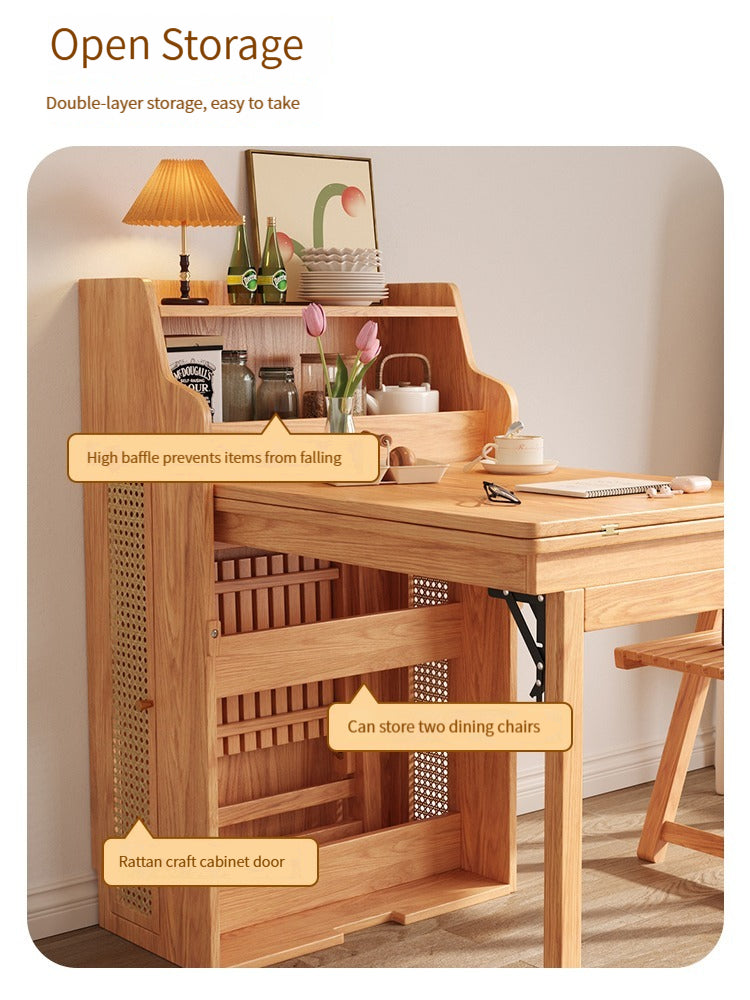 🌟Solid wood folding dining table, household small unit telescopic dining table, invisible storage, sideboard cabinet