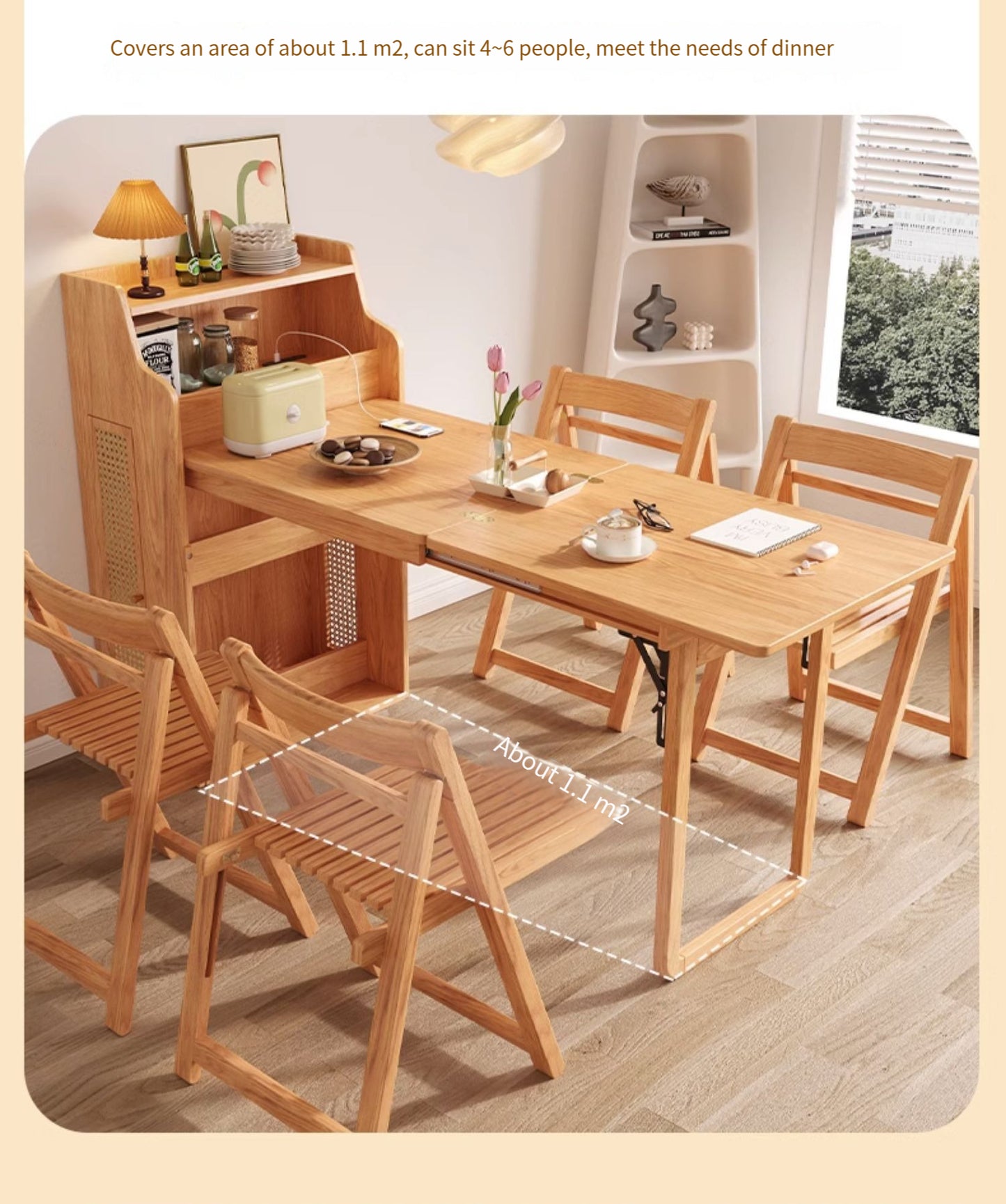 🌟Solid wood folding dining table, household small unit telescopic dining table, invisible storage, sideboard cabinet