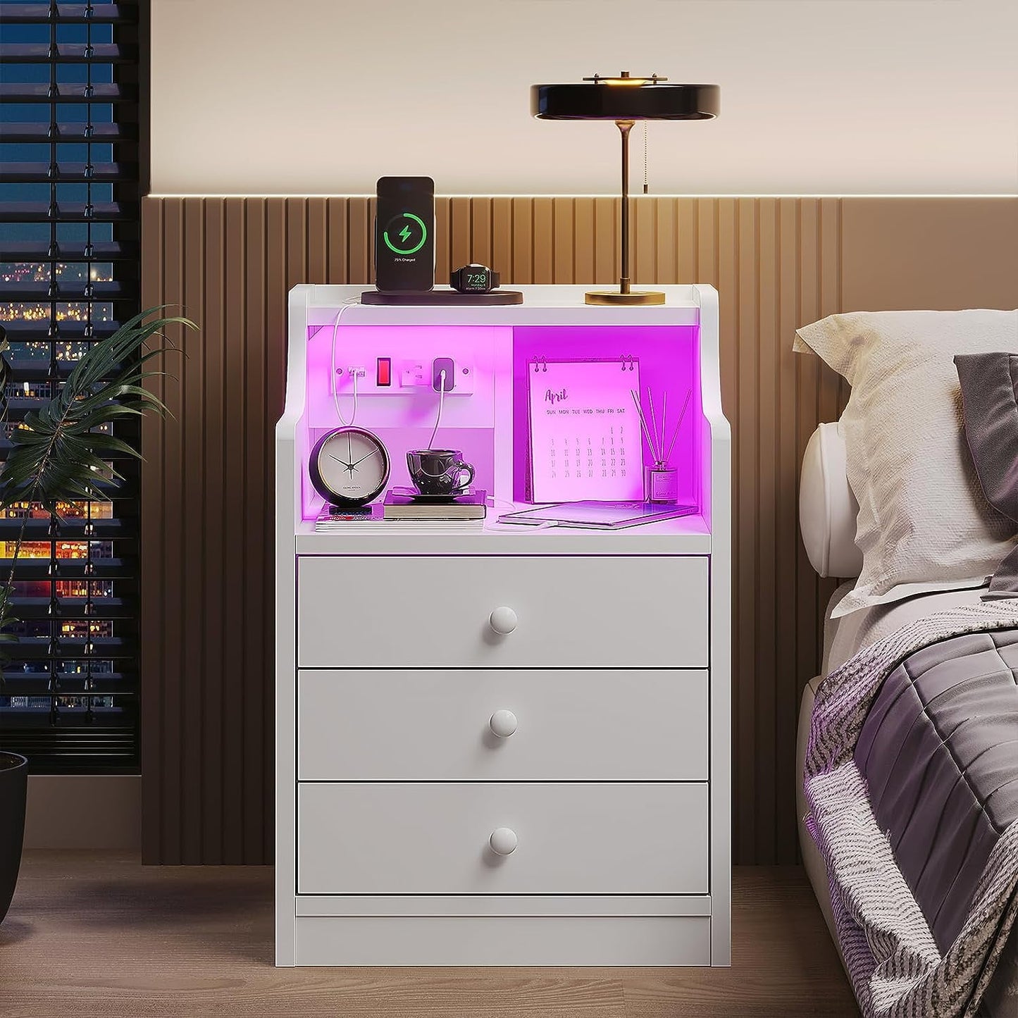 ✨3-Drawer LED Bedside Table with Wireless Charging Station & Hutch
