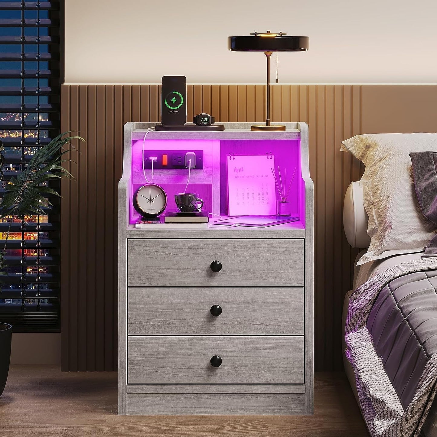✨3-Drawer LED Bedside Table with Wireless Charging Station & Hutch
