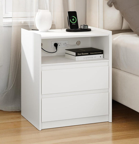 White Nightstand with Charging Station, 2-Drawer Handle-Free Bedside Table with USB/Type-C & Tray Top
