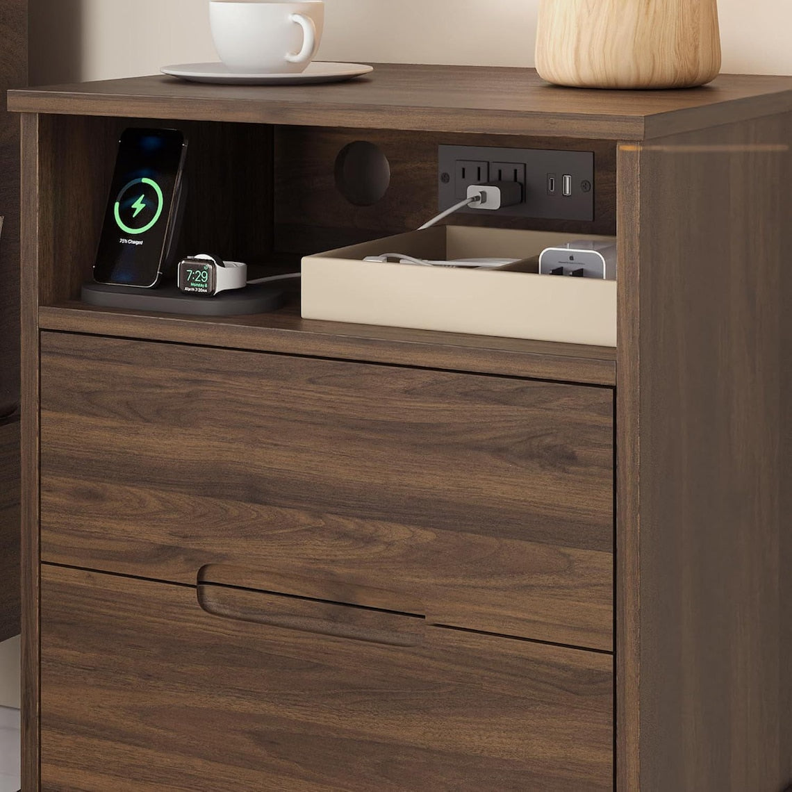 Mid-Century Dark Walnut Nightstands with Charging Station (USB-C/AC) for Modern Bedroom