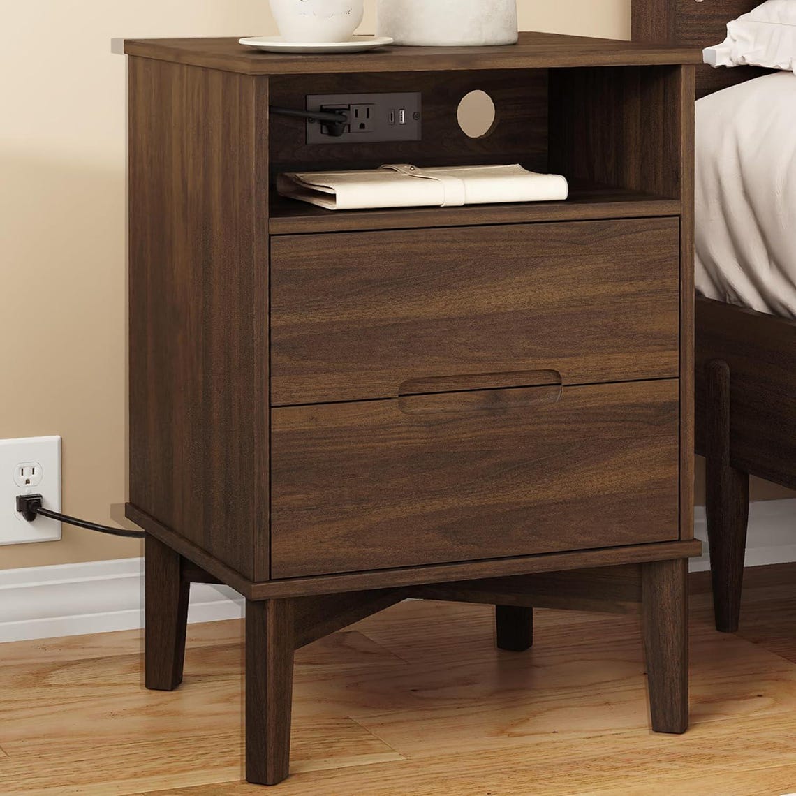 Mid-Century Dark Walnut Nightstands with Charging Station (USB-C/AC) for Modern Bedroom