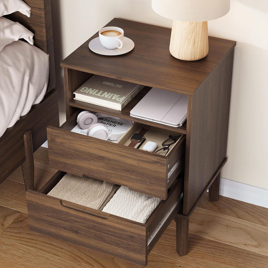 Mid-Century Dark Walnut Nightstands with Charging Station (USB-C/AC) for Modern Bedroom