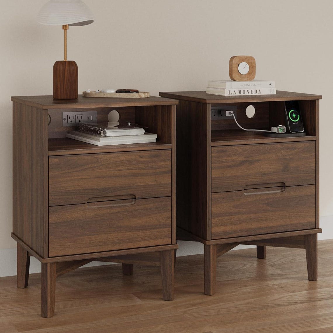 Mid-Century Dark Walnut Nightstands with Charging Station (USB-C/AC) for Modern Bedroom