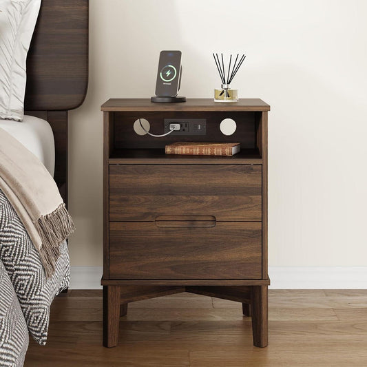 Mid-Century Dark Walnut Nightstands with Charging Station (USB-C/AC) for Modern Bedroom